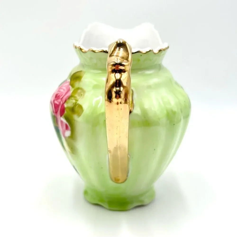 Vintage Lefton Green Heritage Roses Gold Trim Small Pitcher 4172‎ Hand Painted
